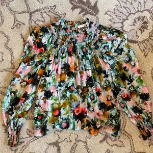 Marie Oliver Watercolor Floral Smocked Blouse - Green, Pink, Black